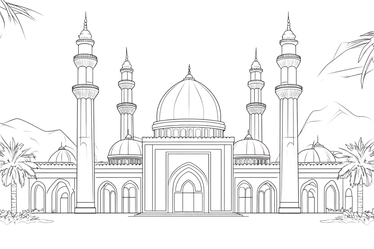A drawing of a mosque with palm trees and mountains png
