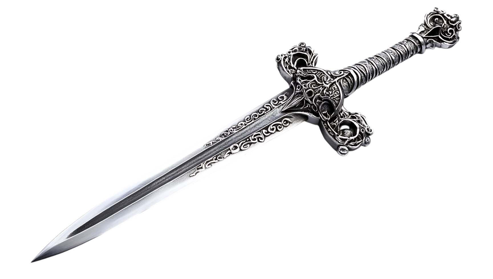 Ornate silver dagger isolated on black background. png