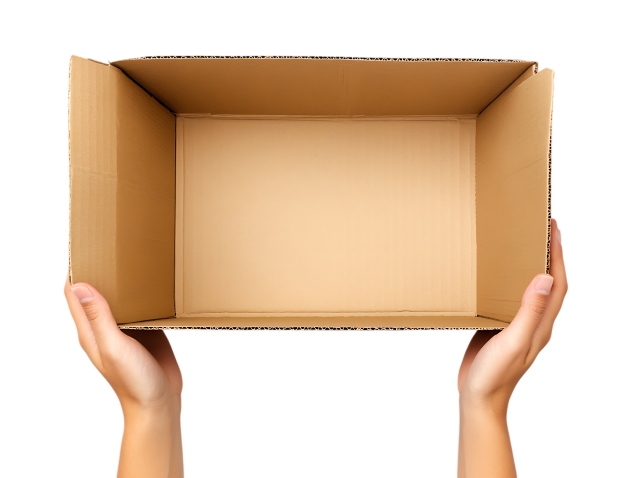 Empty cardboard box held by hands against black background. png