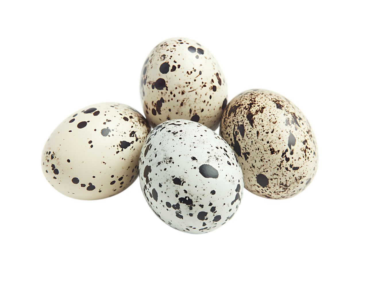 Close up of four speckled quail eggs isolated on black background. png