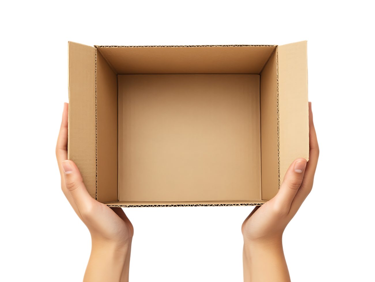 Open empty cardboard box held by hands. png