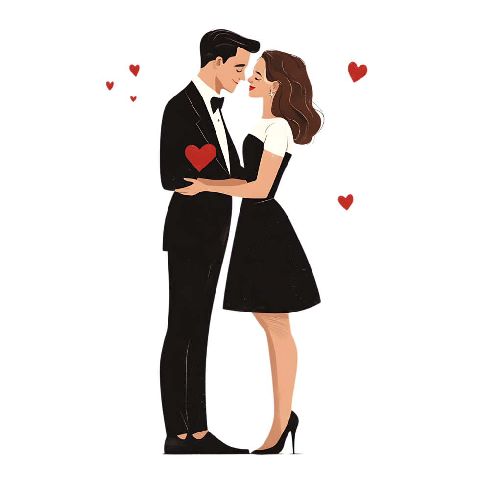An illustration of a couple kissing with hearts png