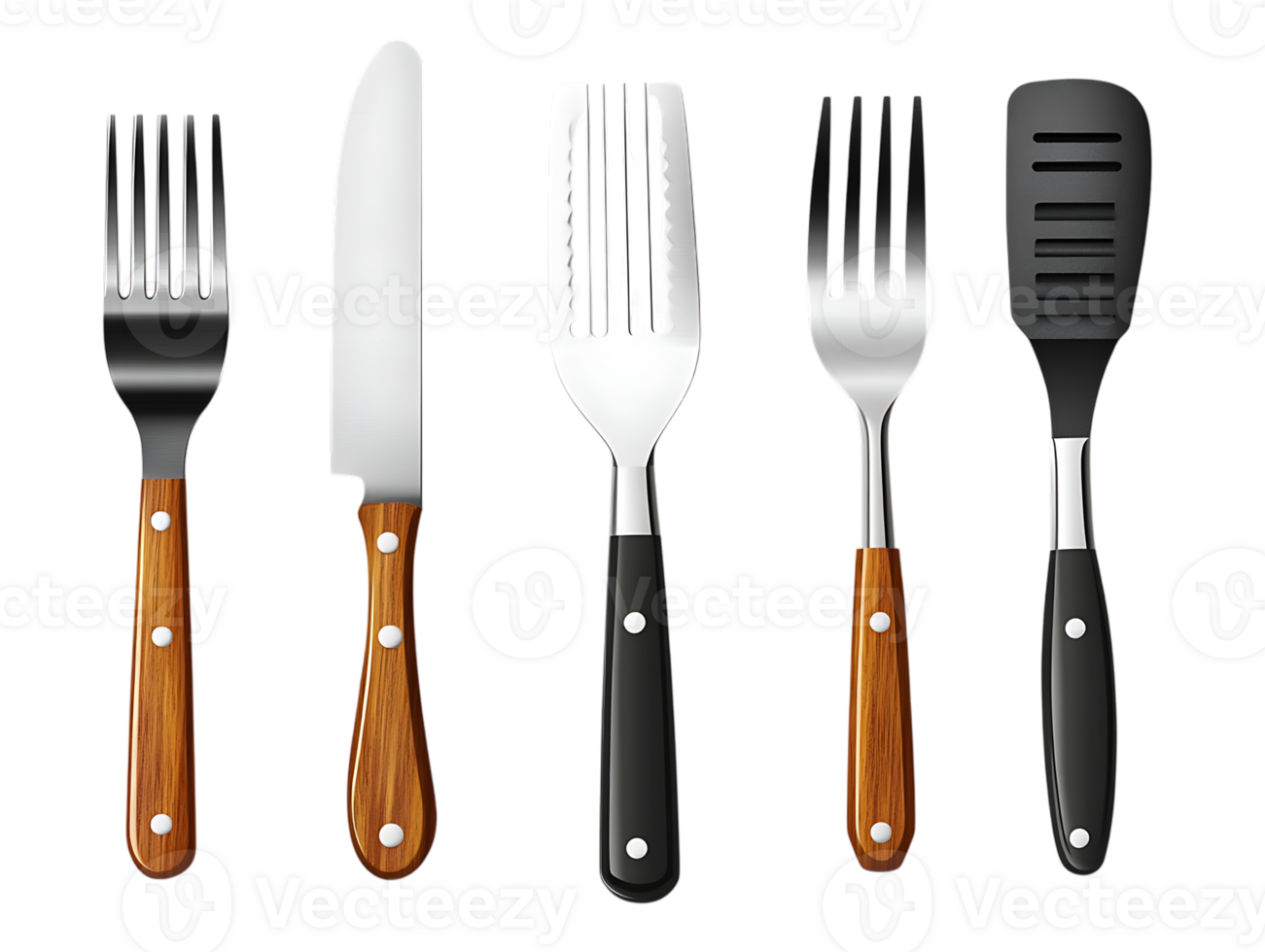 Set of kitchen utensils with wooden handles png