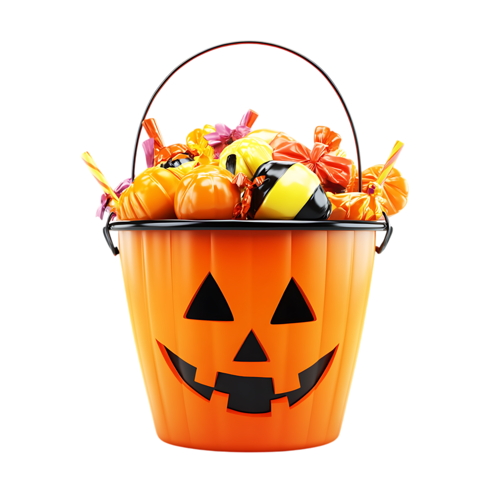 A bucket filled with candy and halloween decorations png