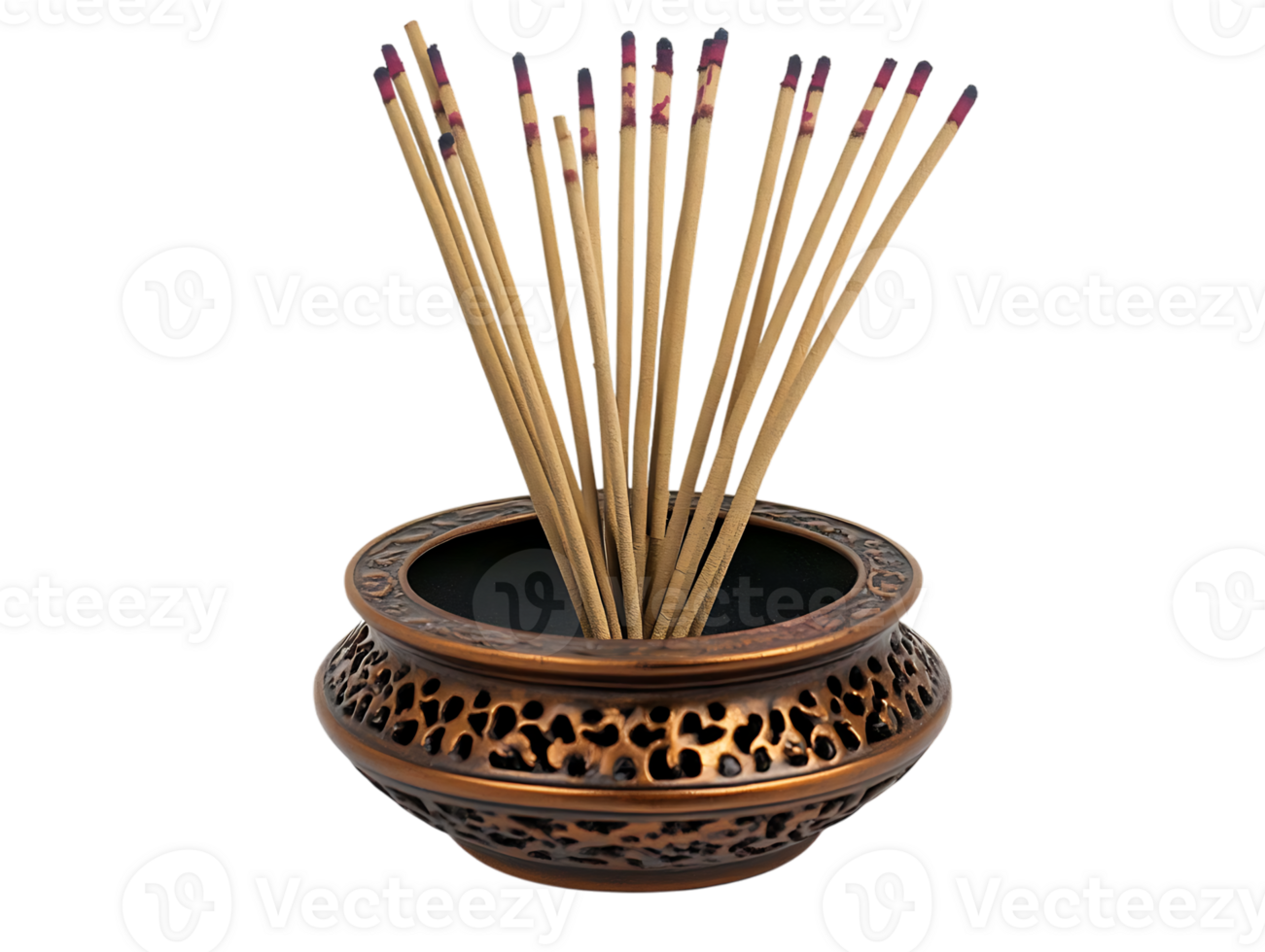 Incense sticks in an ornate bronze holder. png