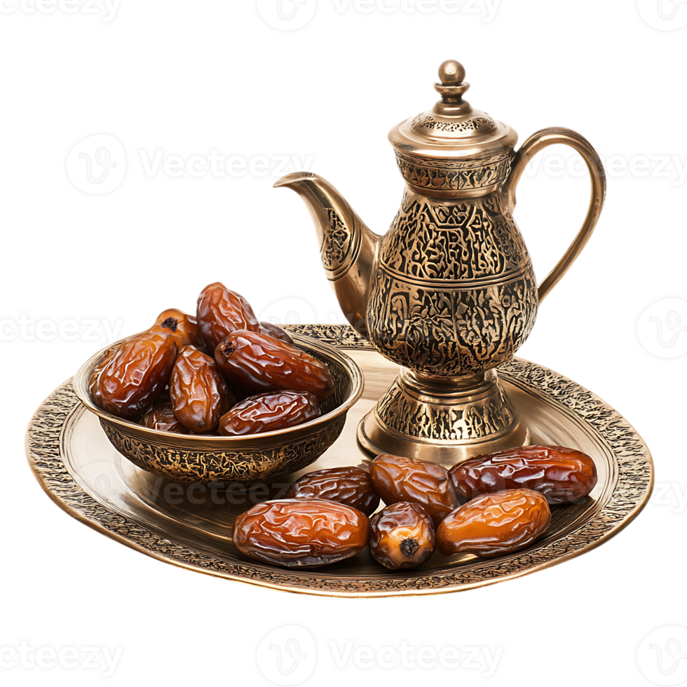 Dates and a brass pot on a decorative tray png