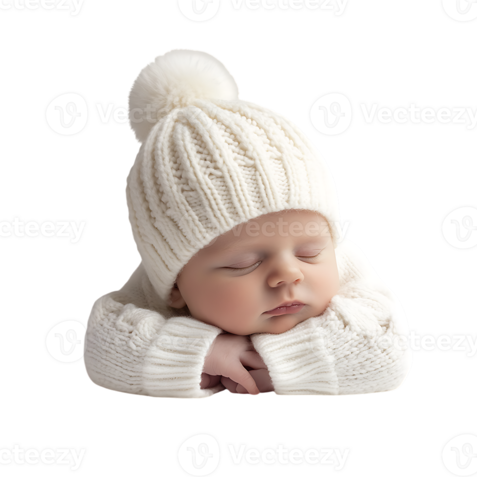 Adorable newborn baby sleeping peacefully in a knitted hat. png