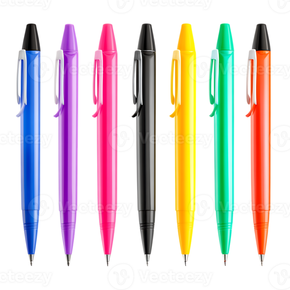 Eight colorful pens isolated on white background png