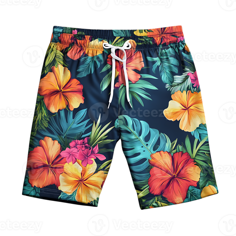 A tropical print swim shorts with a drawstring waist png
