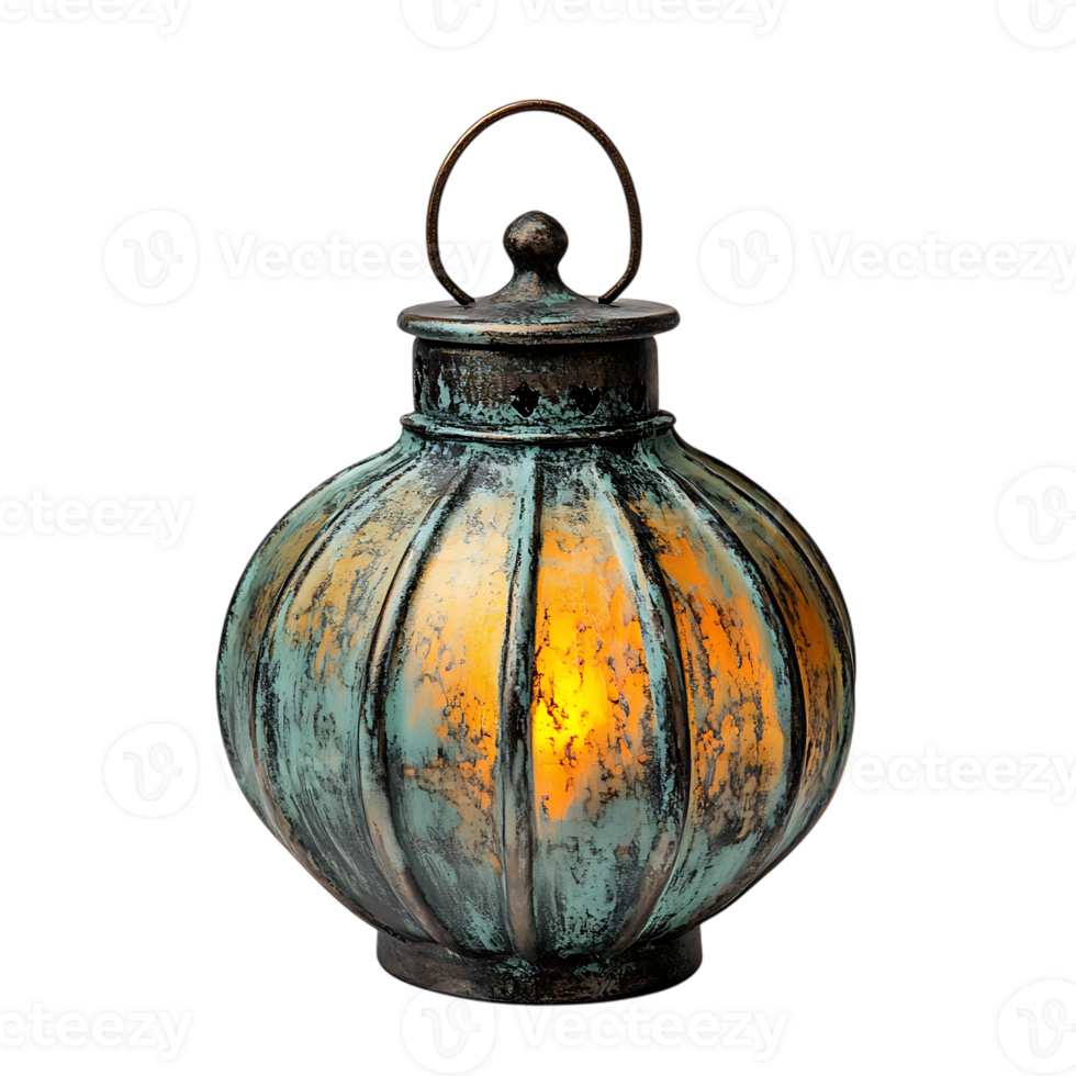 Rustic teal lantern with warm light. png