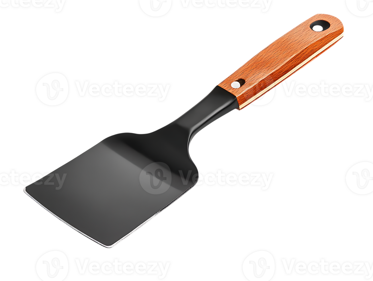 Black plastic spatula with wooden handle png