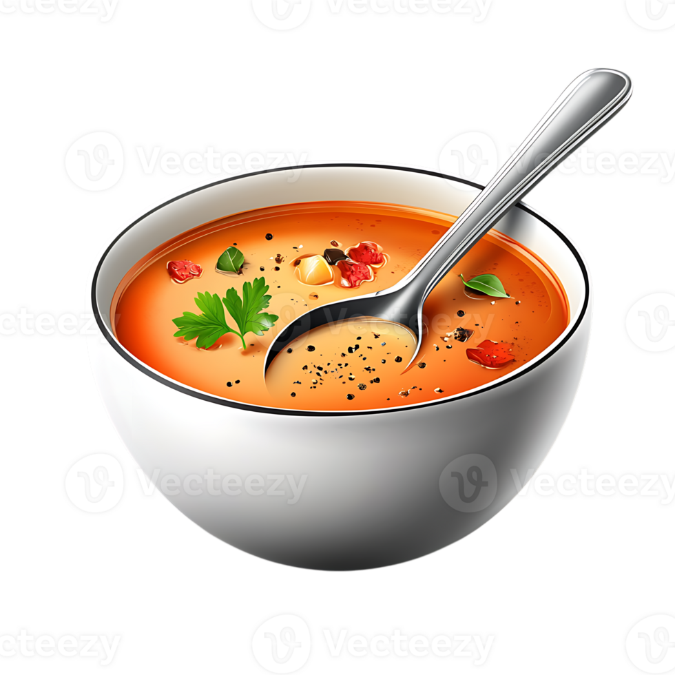Delicious tomato soup in a bowl with spoon png