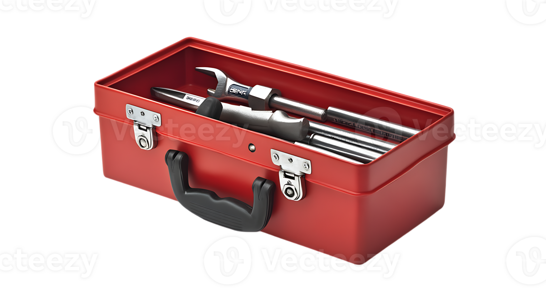 Red toolbox with various tools inside. png