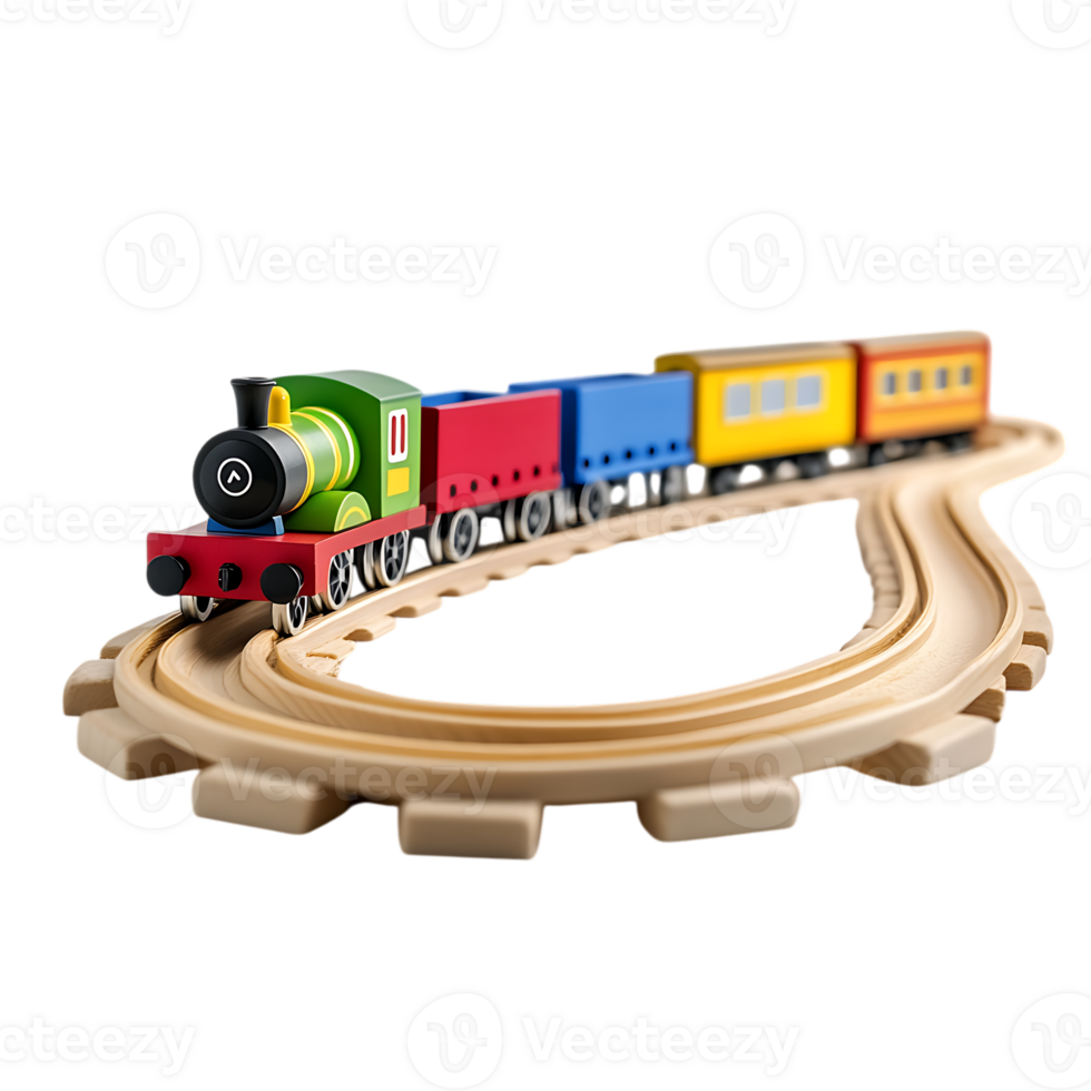 Colorful wooden toy train on track png