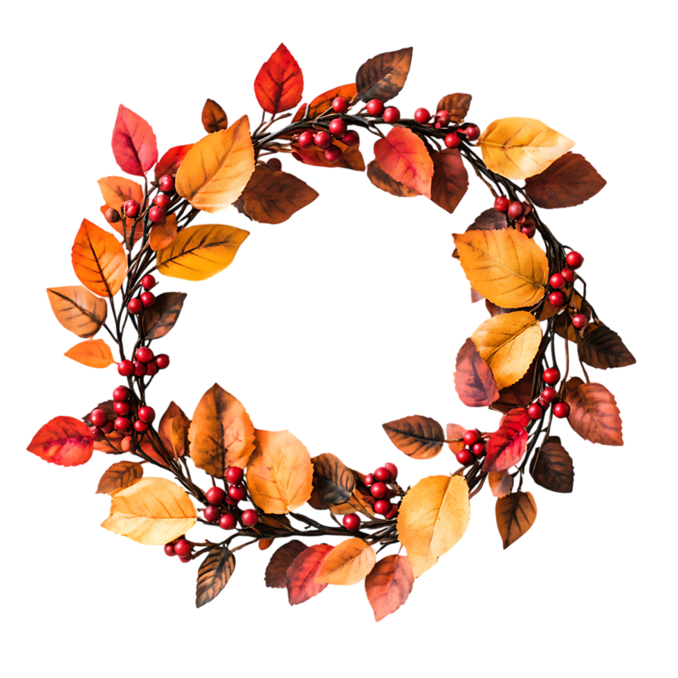Autumn wreath with red berries and fall leaves png
