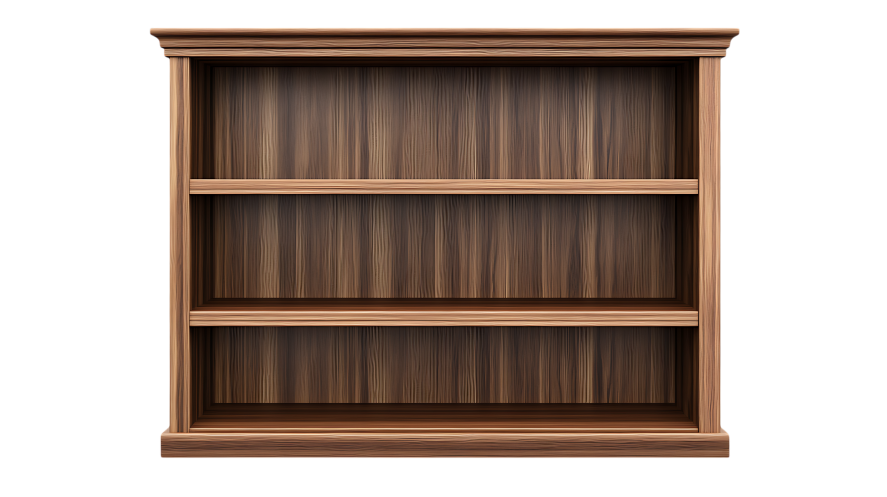 Empty wooden bookshelf, three shelves. png