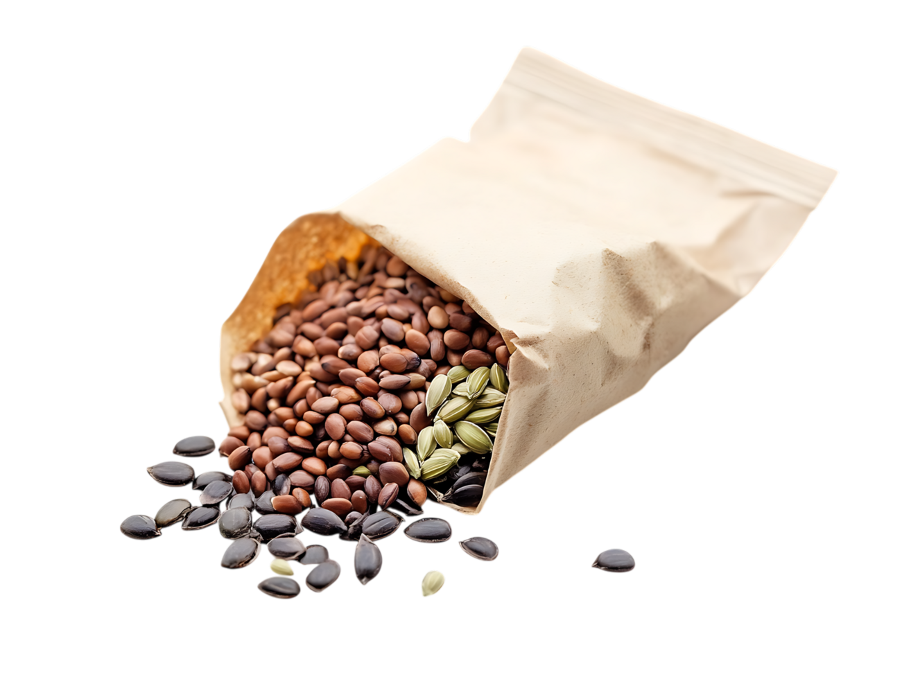 Assorted seeds spilling from a paper bag png