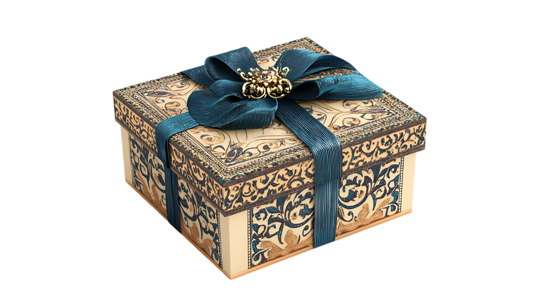 Elegant gift box with teal ribbon and ornate design. png