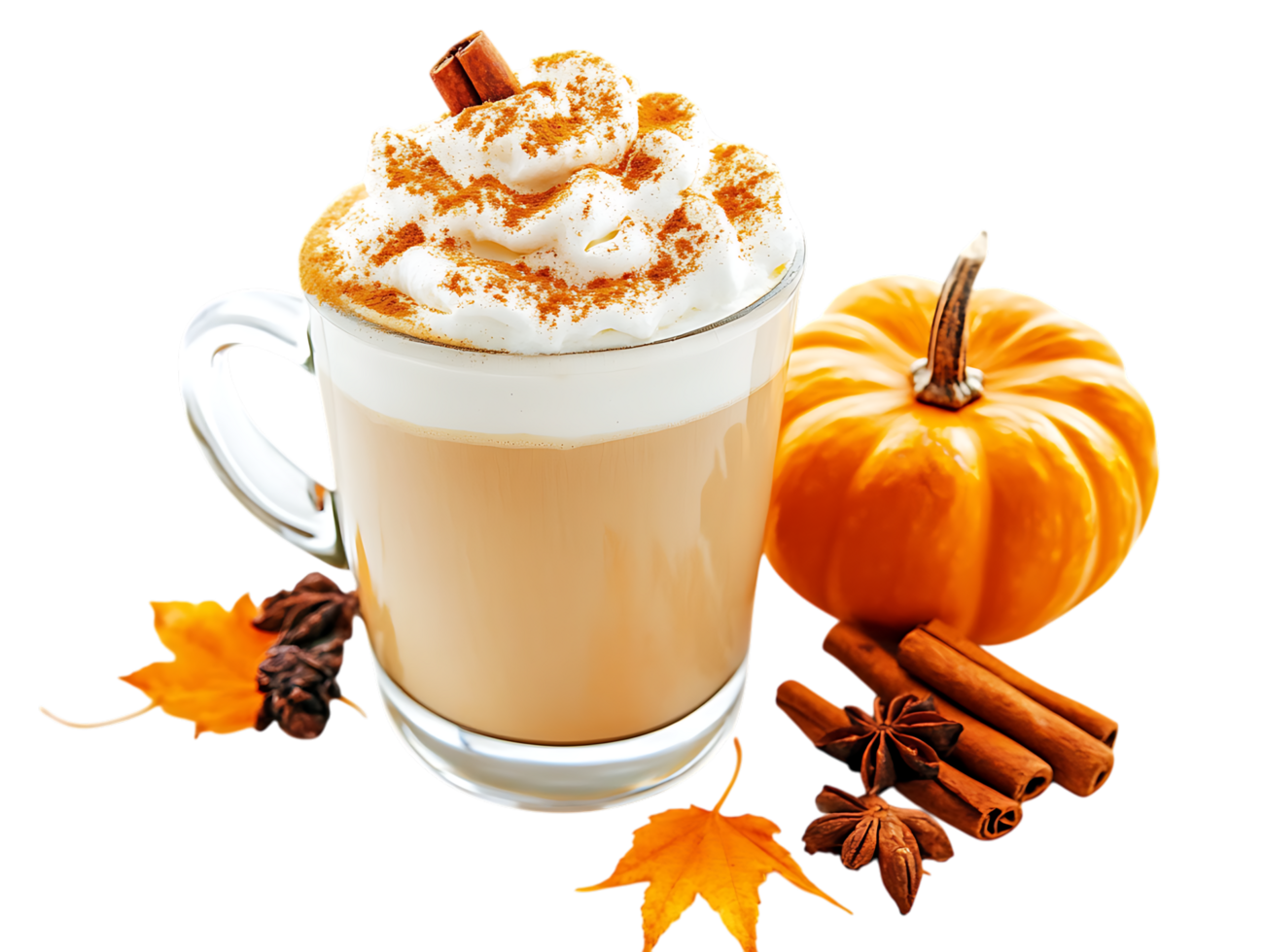 Pumpkin spice latte with whipped cream and autumn spices png