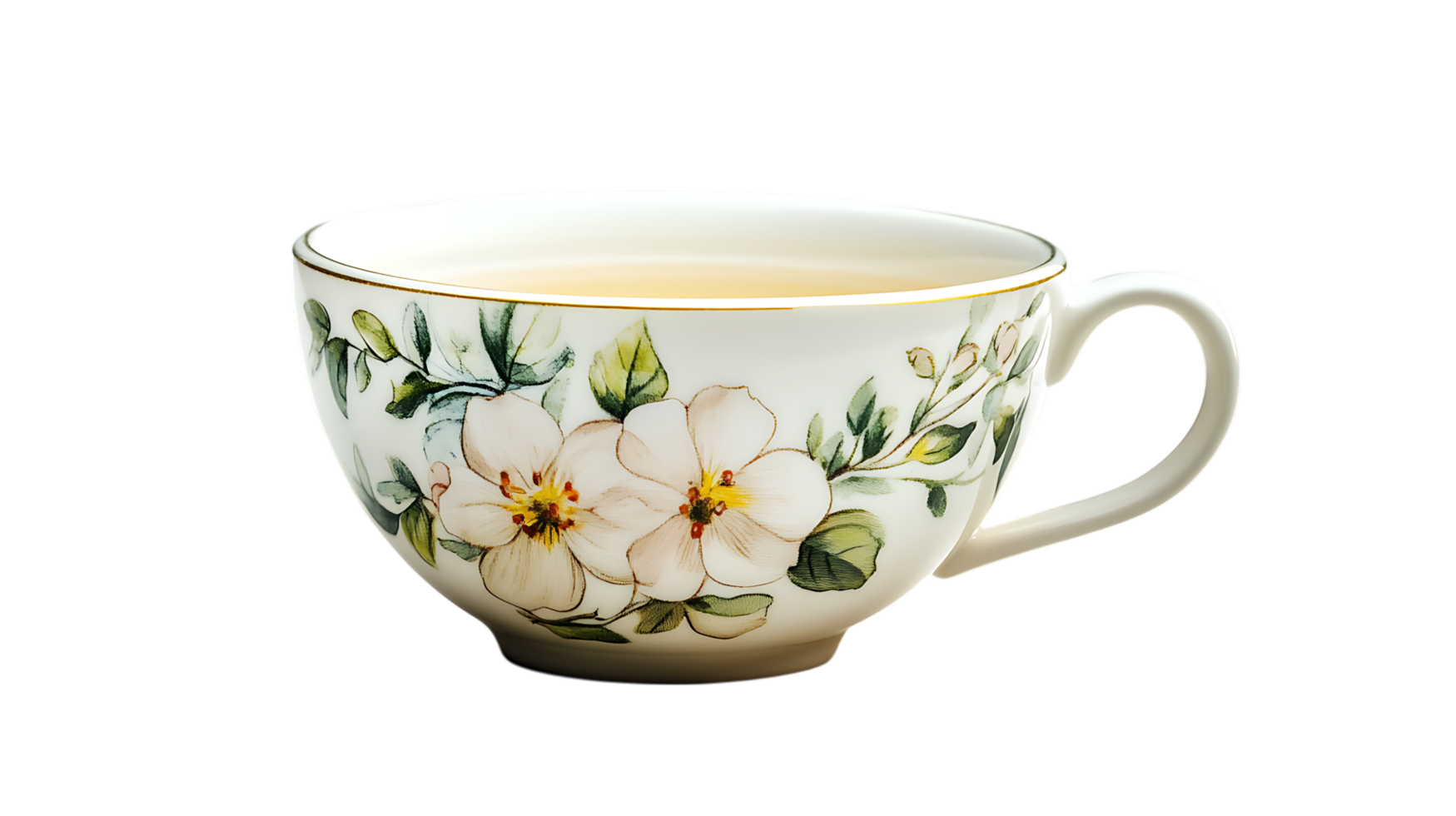 Floral teacup with light tea, isolated on black. png