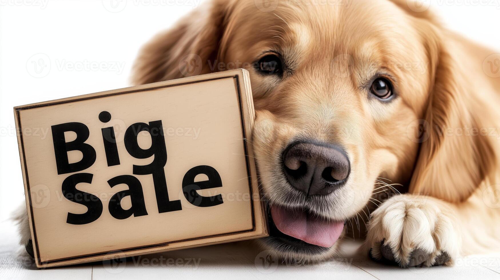 Golden retriever promoting special sale event with cheerful expression photo