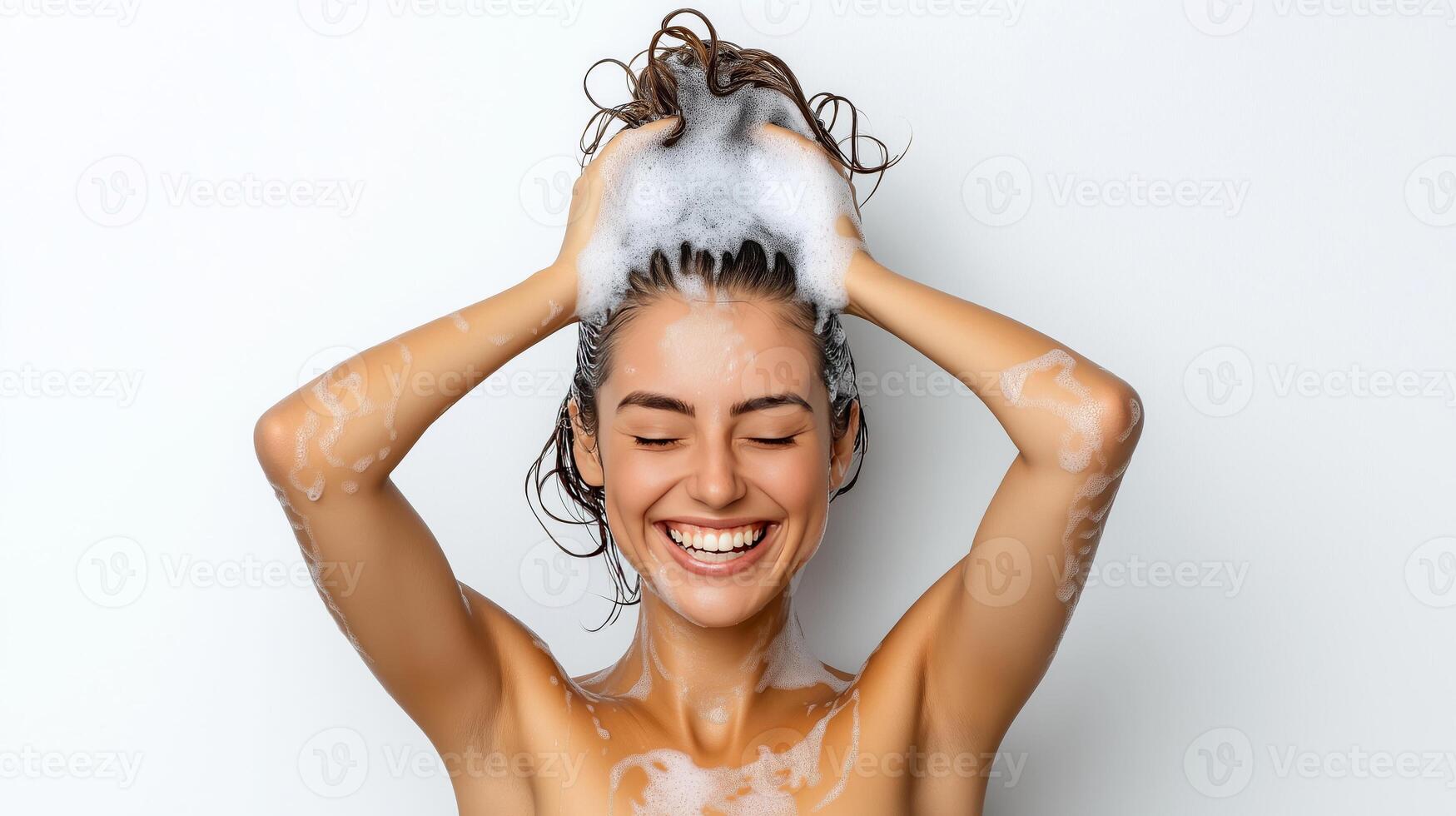 Enjoying a refreshing shower with bubbly shampoo in a bright bathroom photo