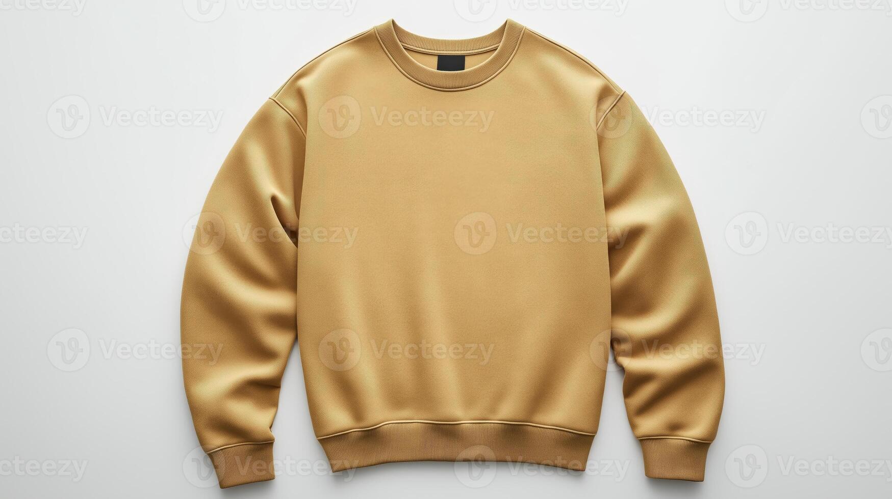 A simple tan sweatshirt mockup lies flat against a soft light surface photo