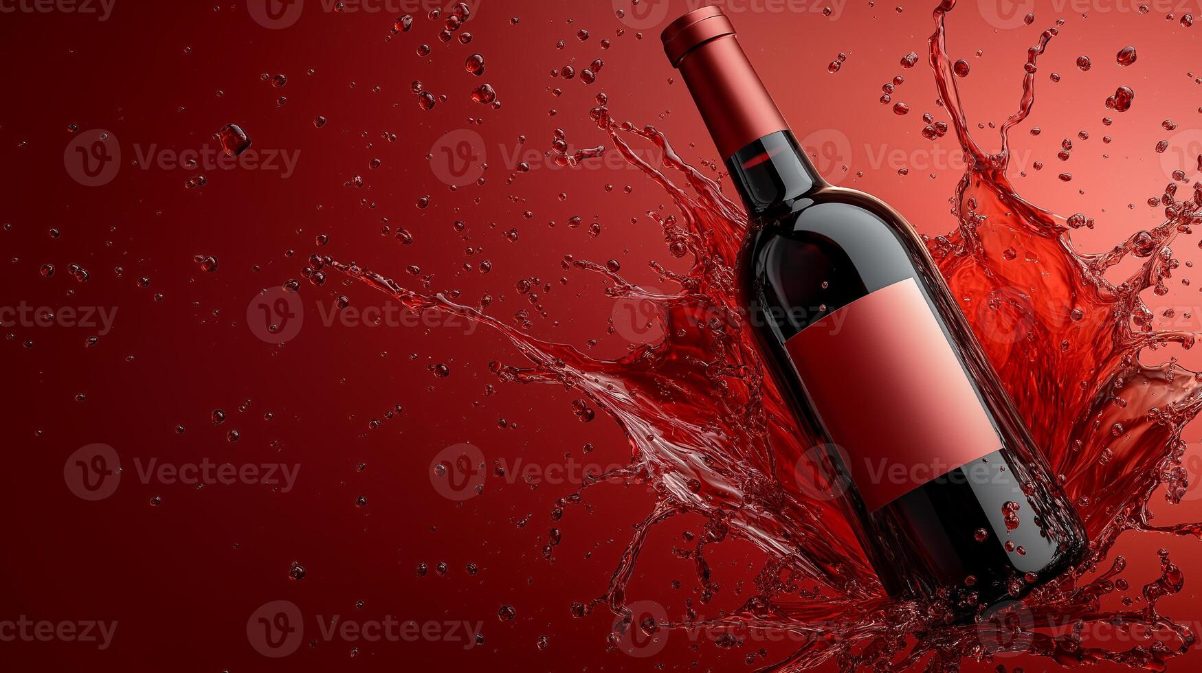 Red wine bottle splashes in vibrant red background during pouring moment photo