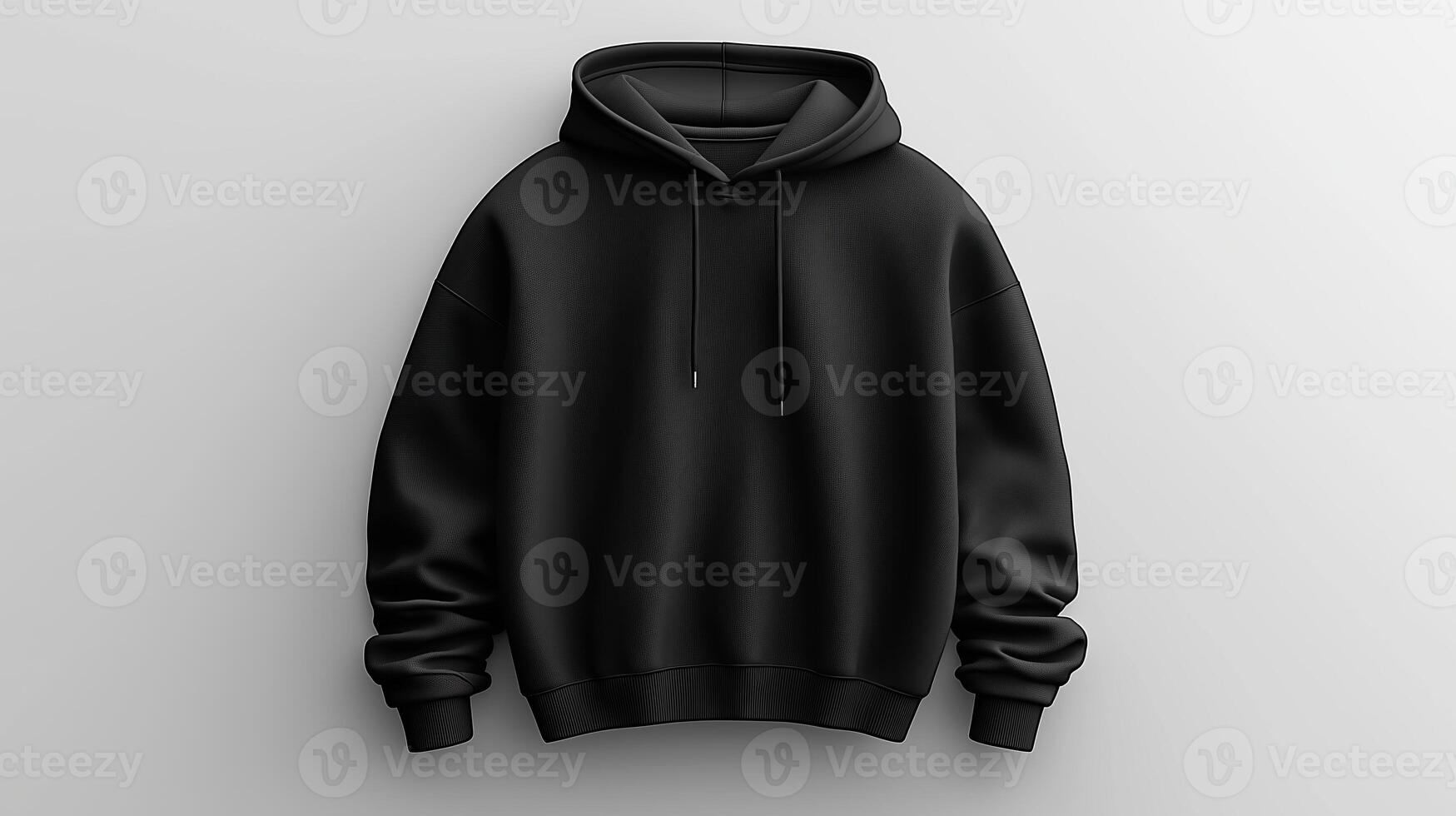 A stylish black hoodie mockup is centered against a plain white backdrop photo