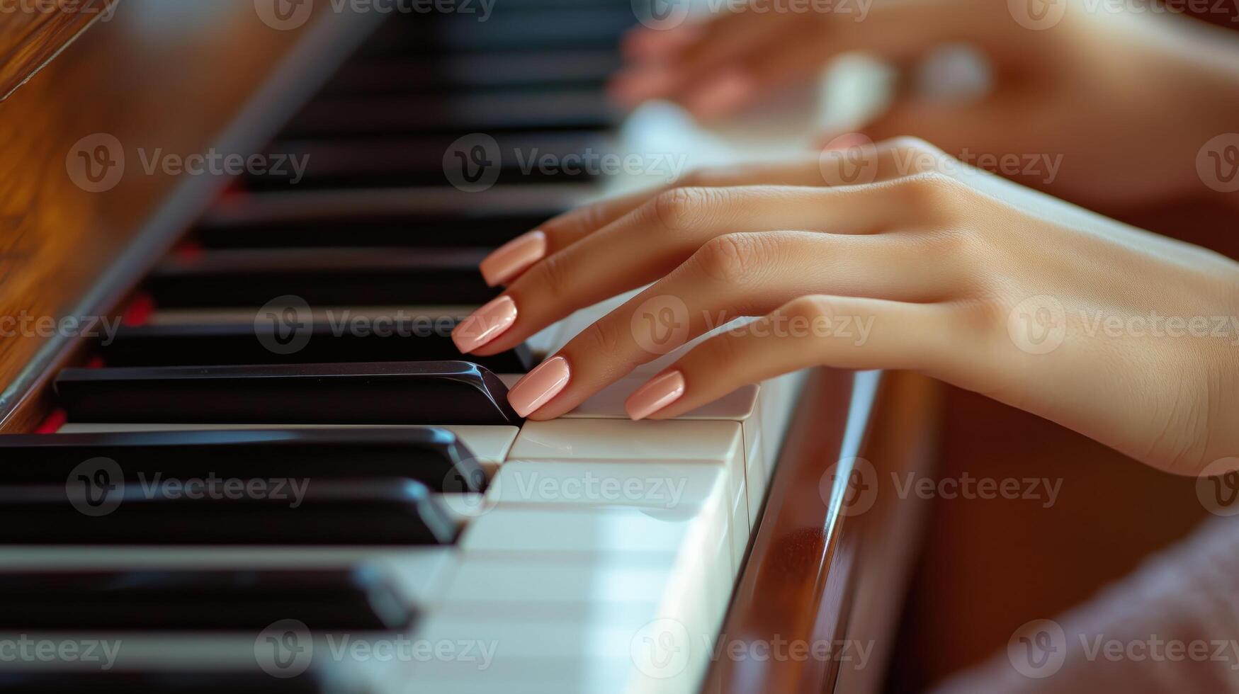 Close-up of pianists hands with a subtle pink manicure playing piano keys photo