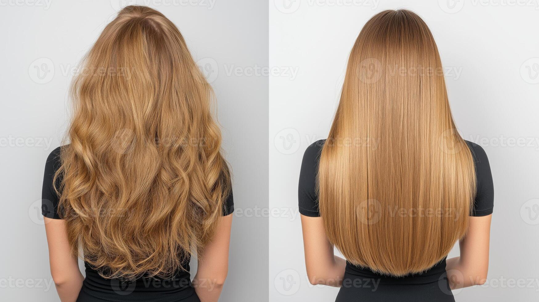 Transforming hair from wavy to sleek at a salon in a bright studio photo
