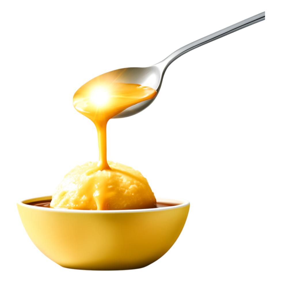 Creamy Dessert with Golden Syrup Drizzled on Top in a Yellow Bowl png