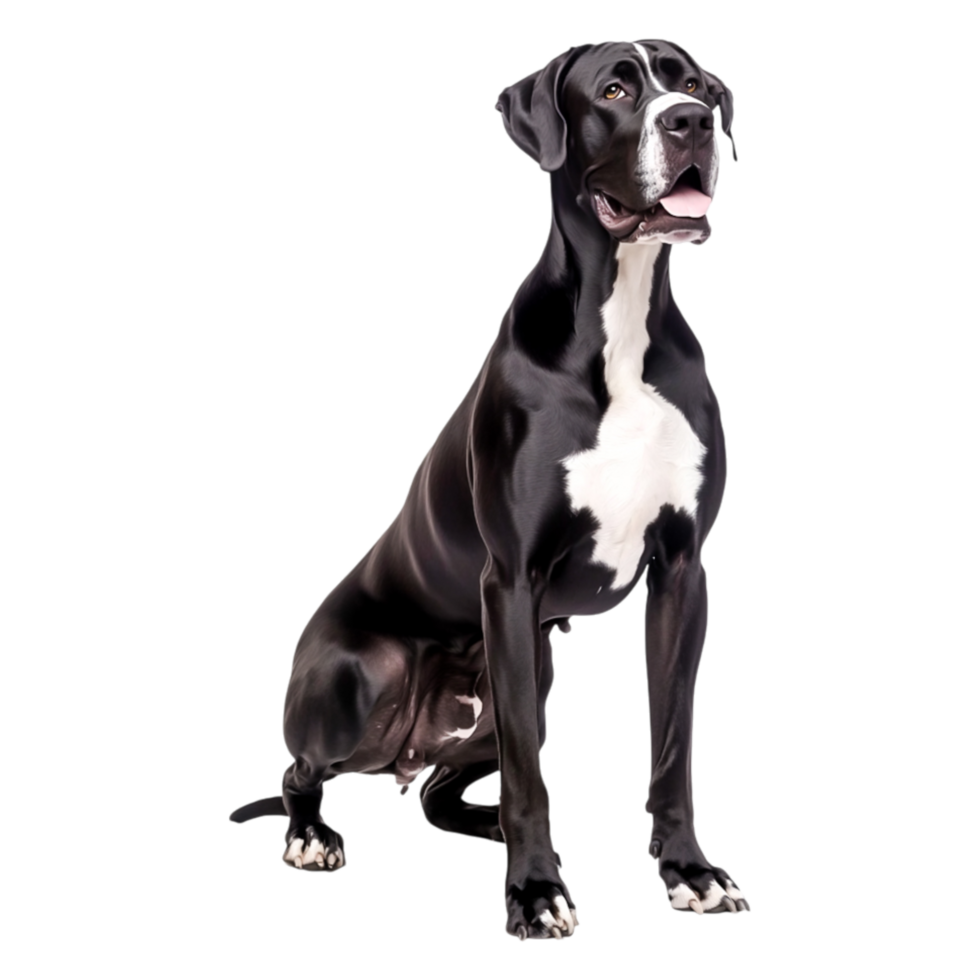 Majestic black and white Great Dane sitting gracefully in studio light png