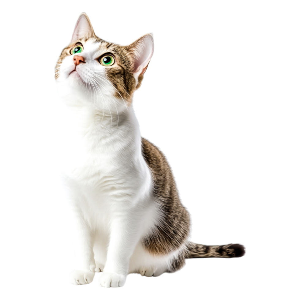 Adorable Domestic Cat Looking Up with Green Eyes and Soft Fur png