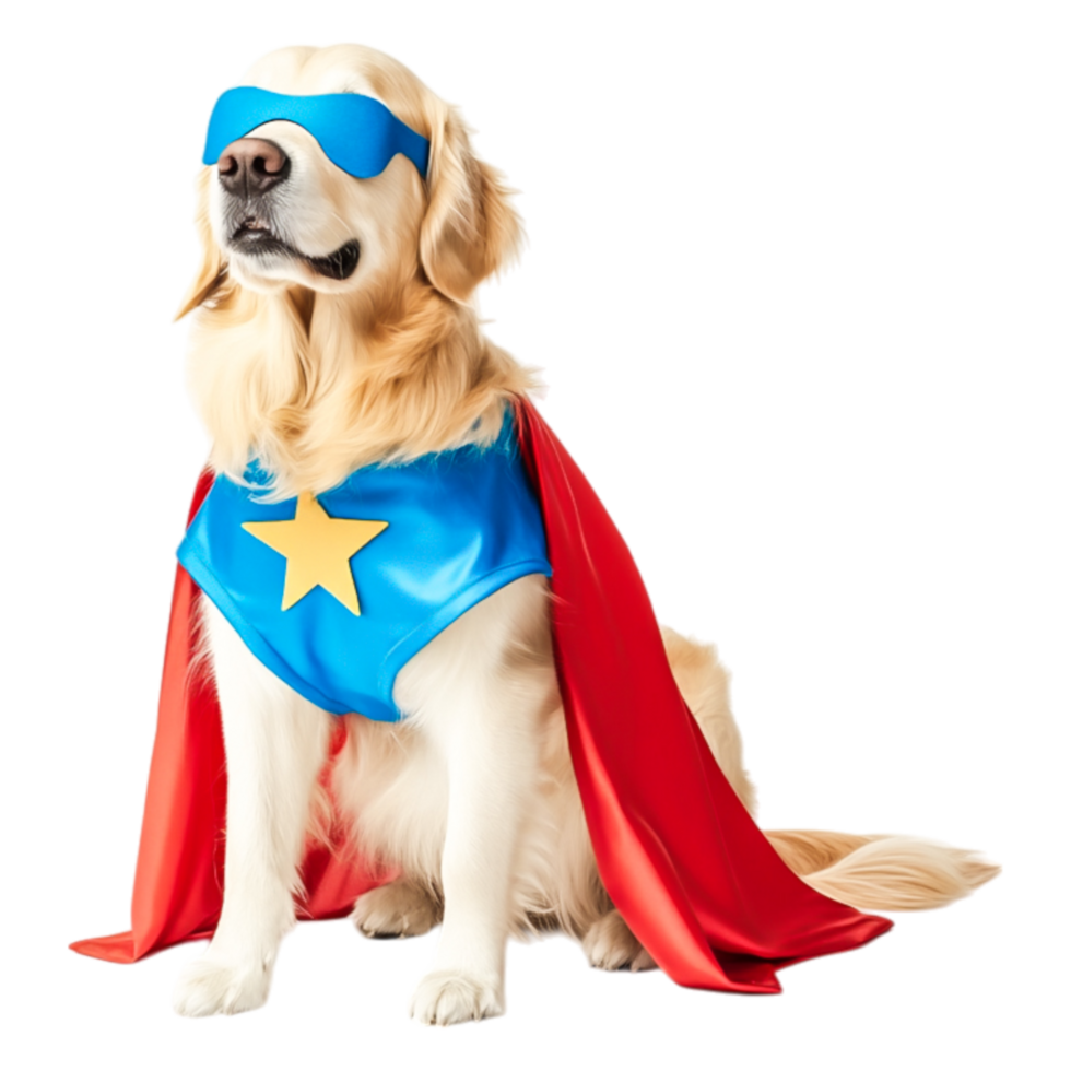 Playful Golden Retriever Dog Dressed as Superhero with Cape and Mask png