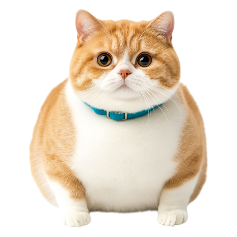 Adorable round orange and white domestic cat with bright blue collar png