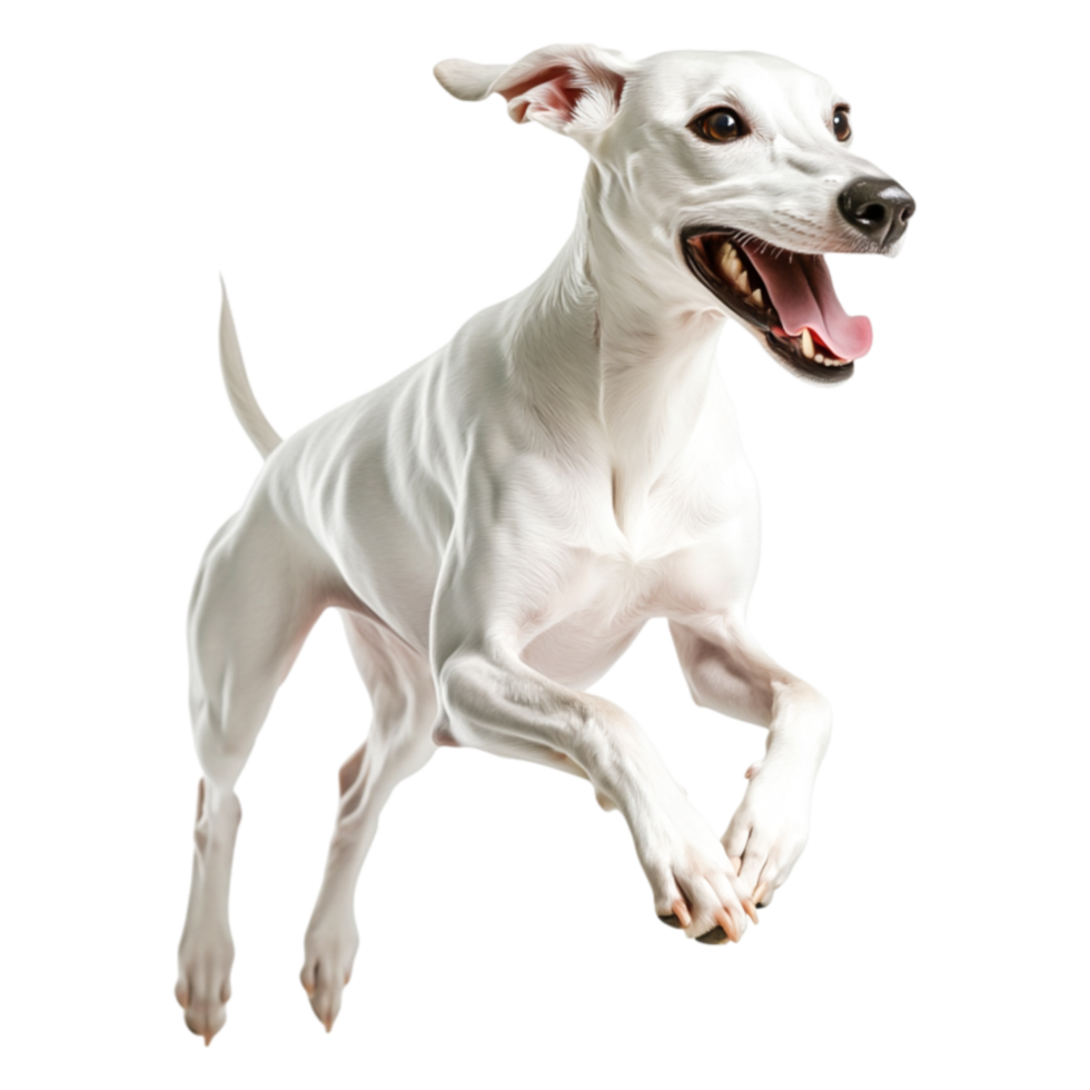 Energetic White Dog Jumping Playfully in a Bright Outdoor Environment png