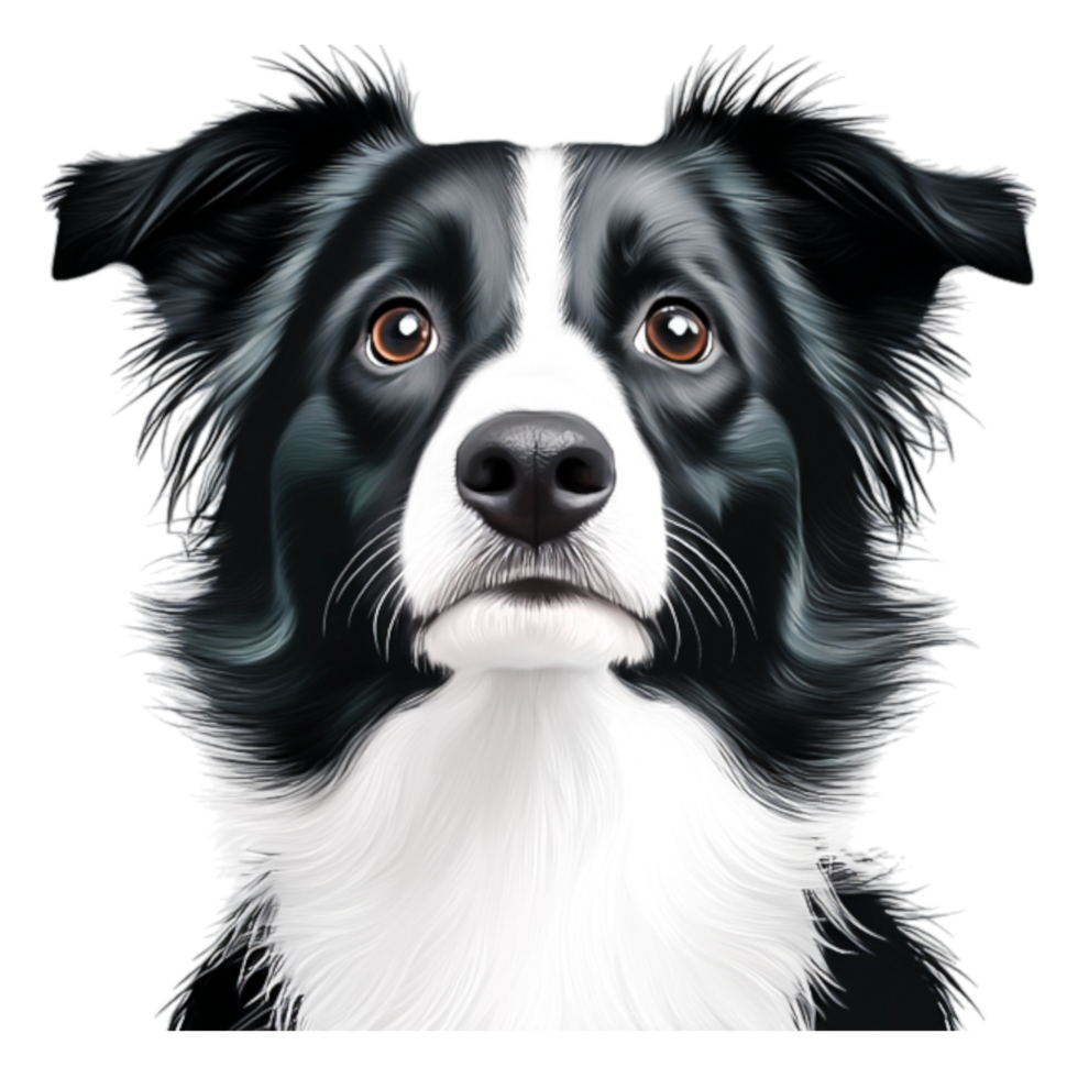 Realistic portrait of a black and white border collie with expressive eyes png