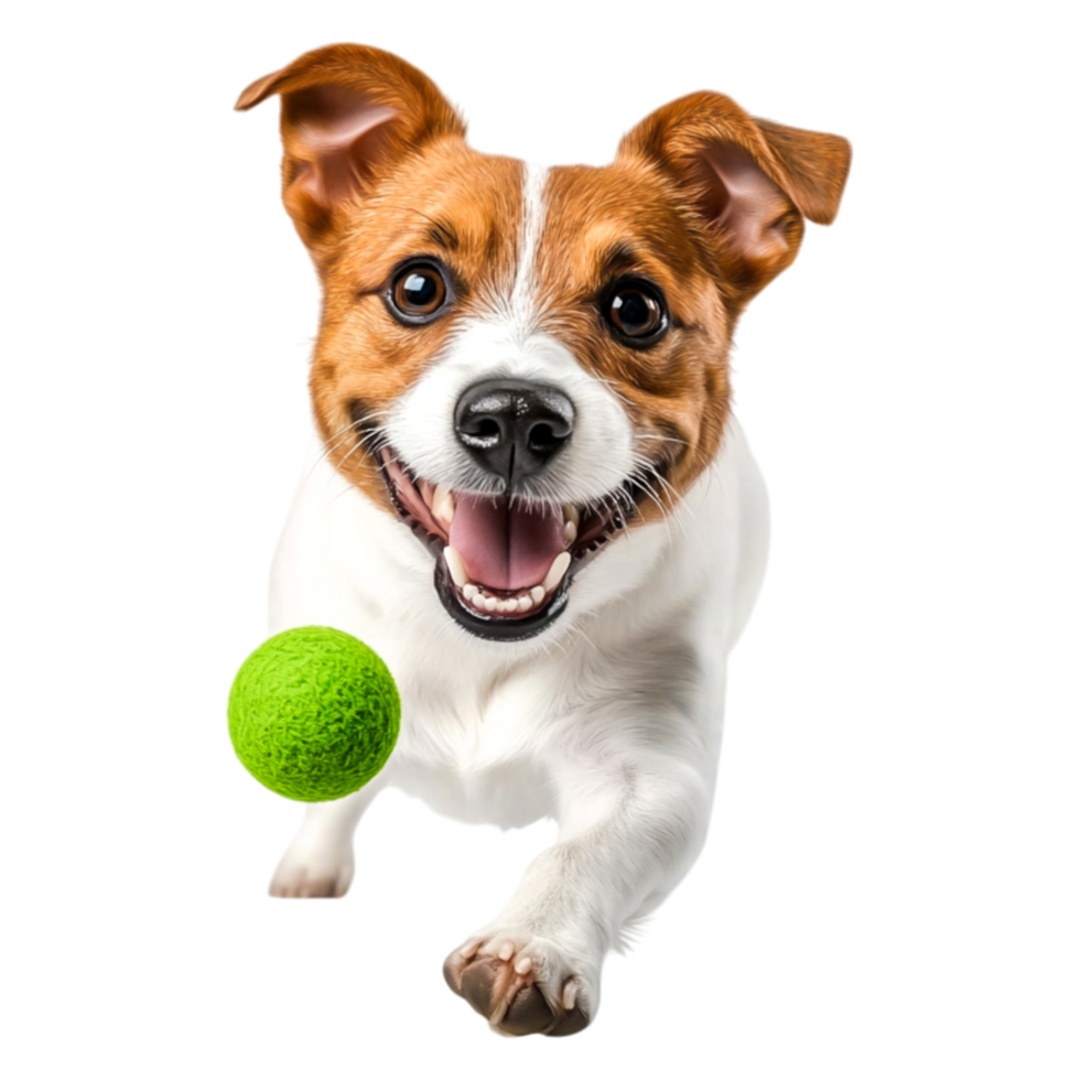Playful Dog Running with Green Ball in Bright Sunny Environment png