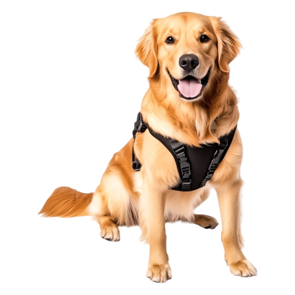 Happy Golden Retriever in Harness Smiling for the Camera at Studio png