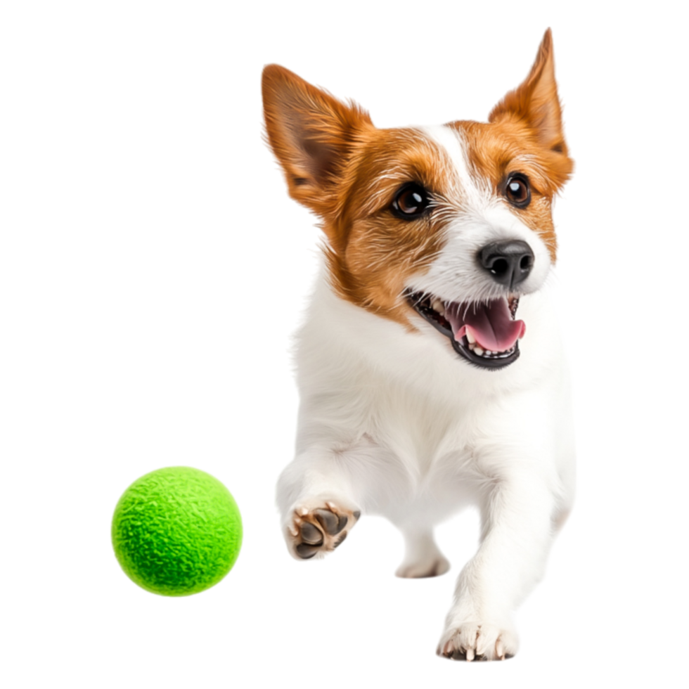 Happy Dog Running with a Green Ball in a Playful Outdoor Setting png