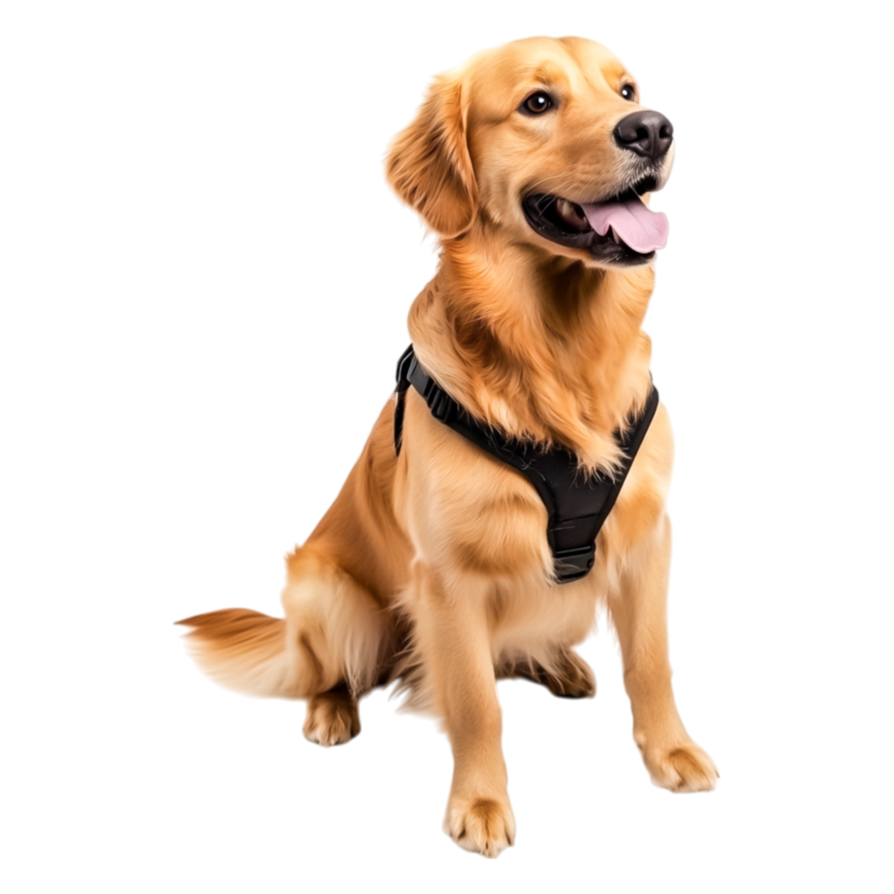 Golden Retriever Sitting Happily in a Harness, Looking Playful and Alert png