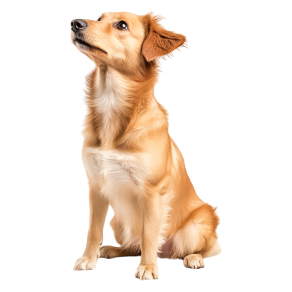 Cute golden retriever dog looking up with curious expressind soft fur png