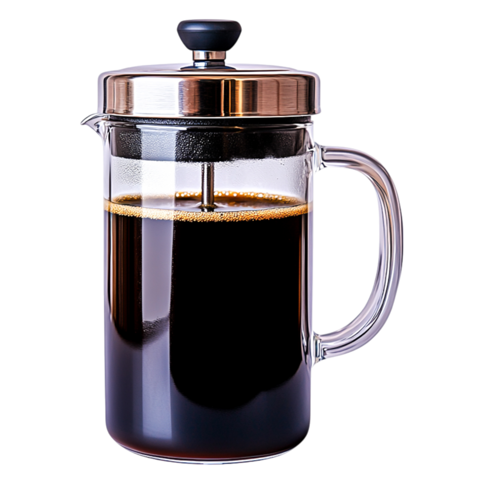 Elegant glass French press coffee maker with rich brewed coffee inside png