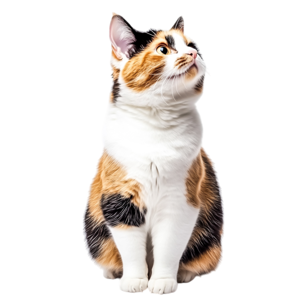 Adorable Calico Cat Sitting Elegantly with Expressive Eyes and Fluffy Fur png