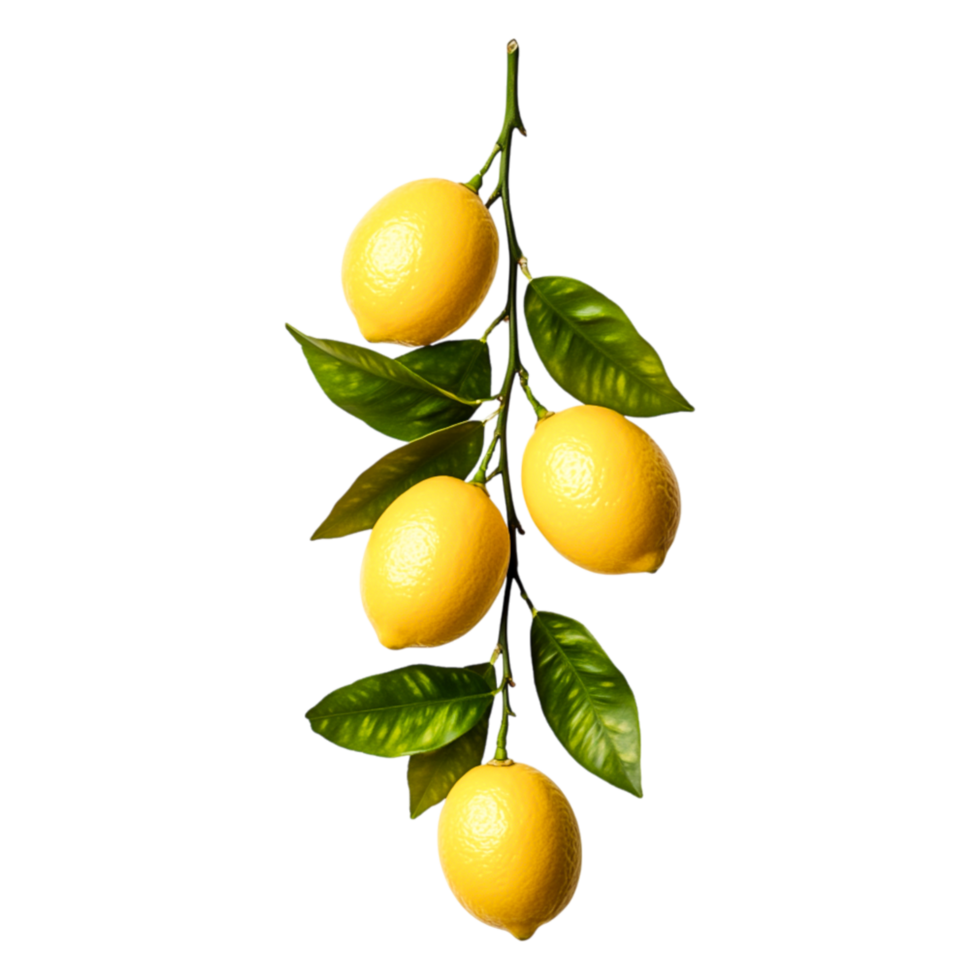 Fresh and Juicy Lemons Hanging on Branch with Green Leaves png