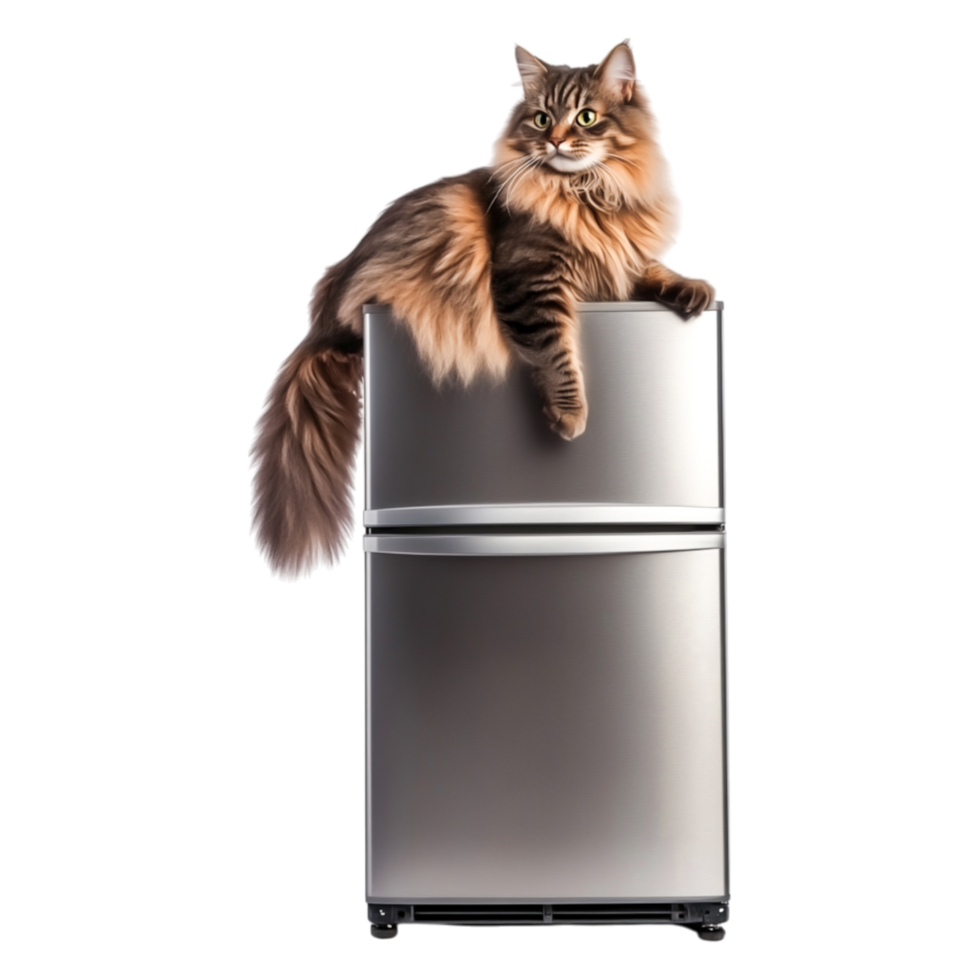 Cat Sitting Silver Refrigerator with a Playful Expression png