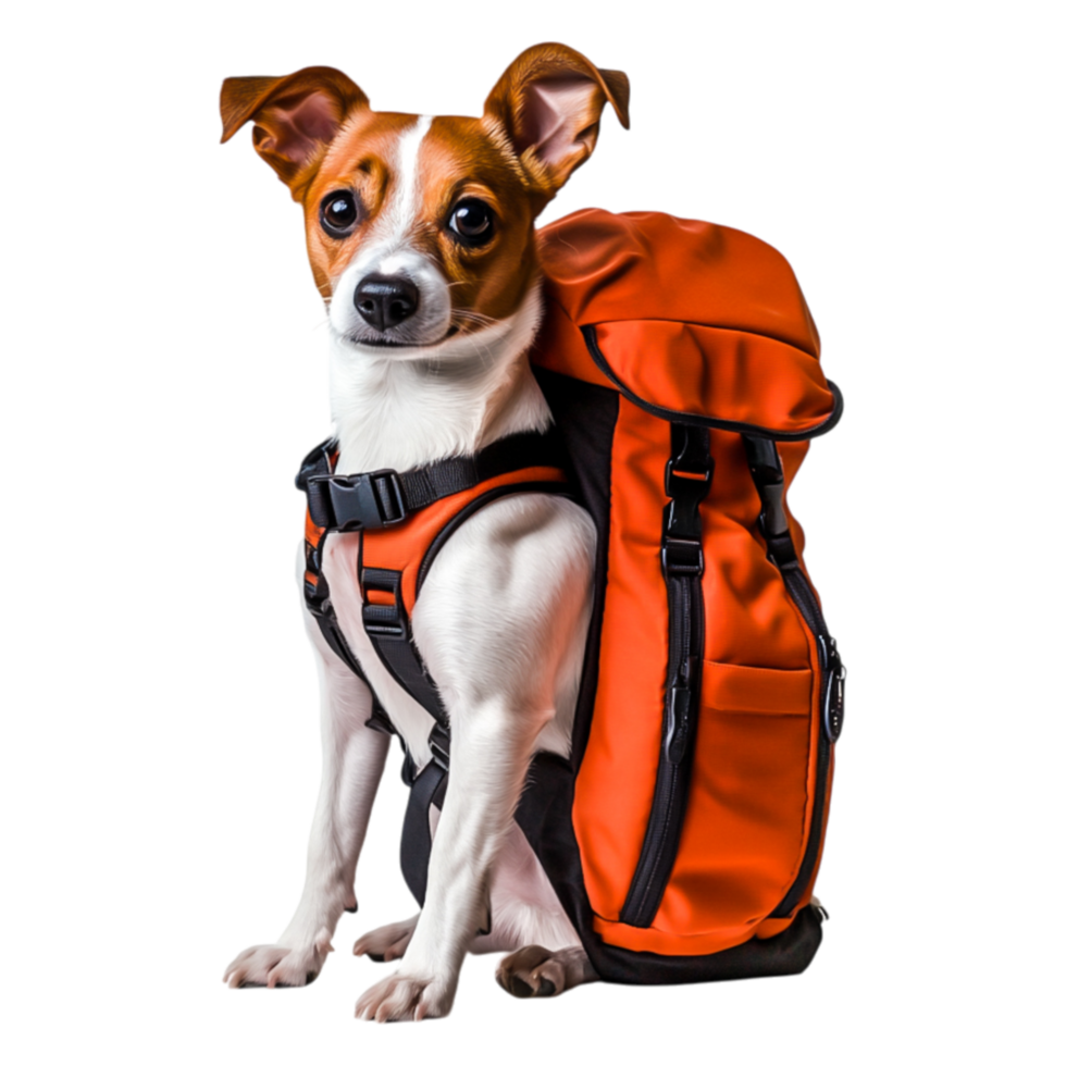 Adorable dog with orange backpack ready for adventure in outdoor setting png