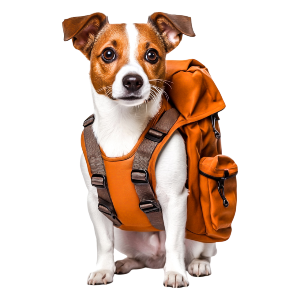 Adorable Dog with Orange Backpack Ready for Adventure Outdoors png
