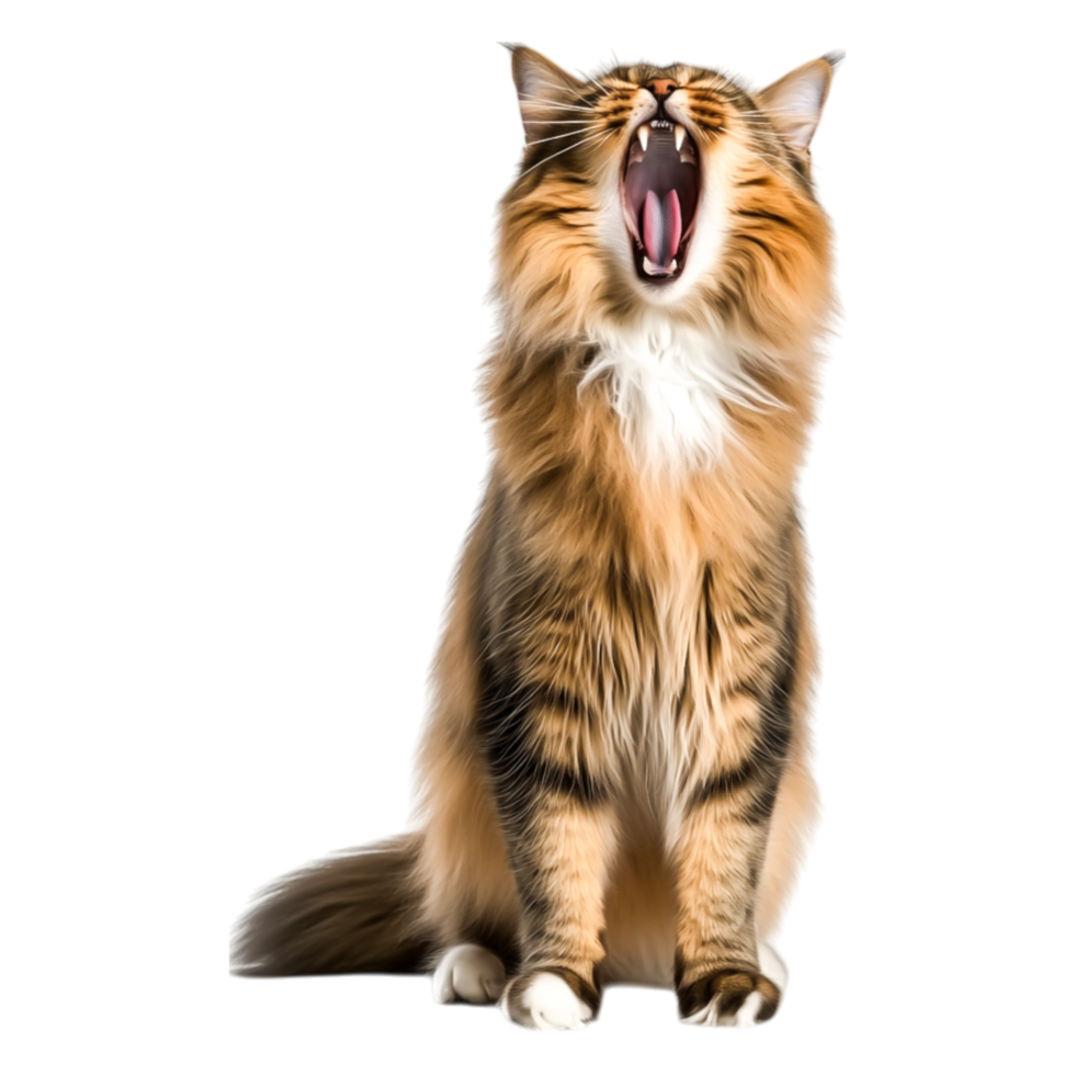 Majestic Cat Yawning with Beautiful Fur and Captivating Expression png
